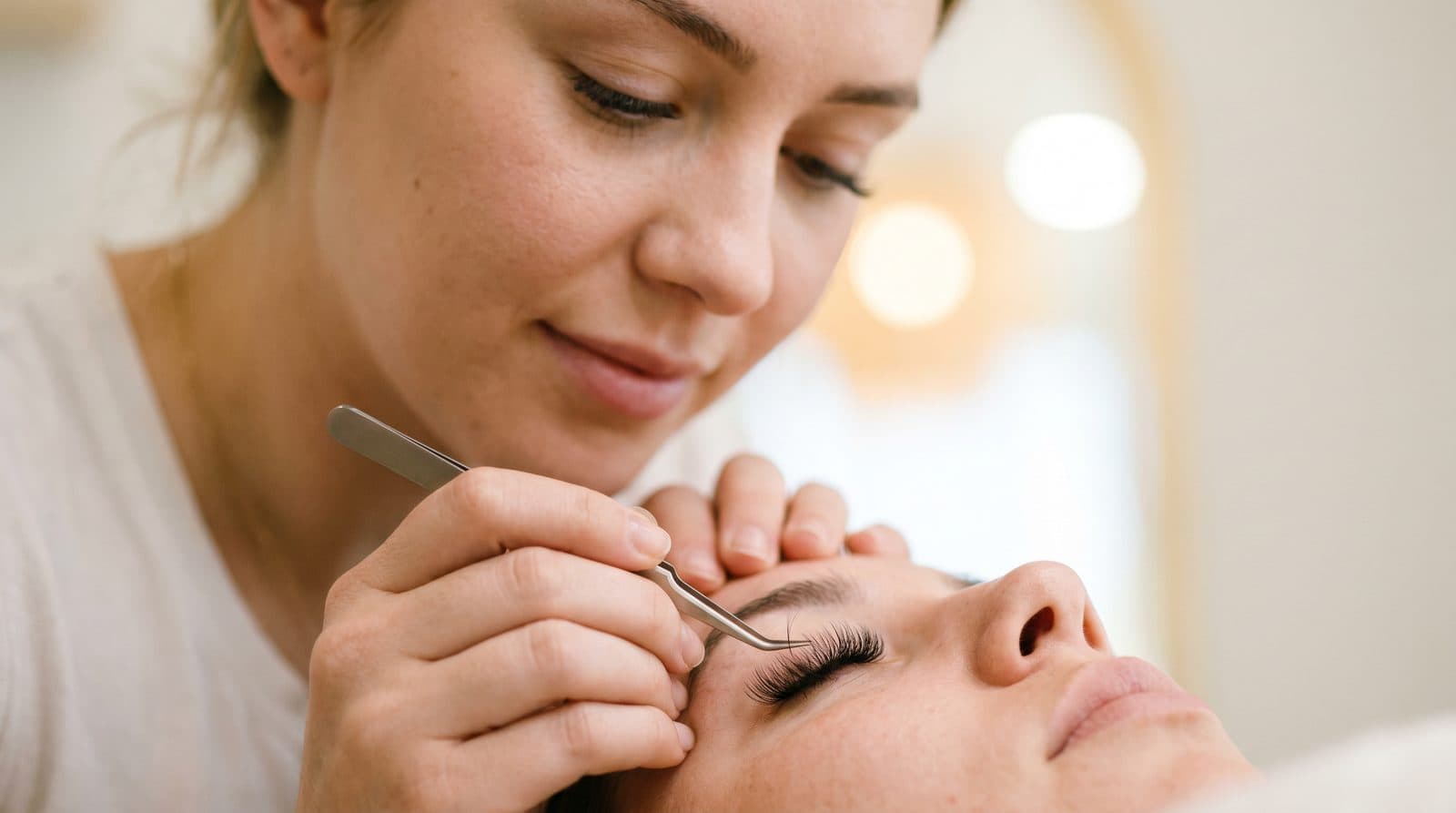 An independent lash artist applying lash extensions to a relaxed client in her own studio