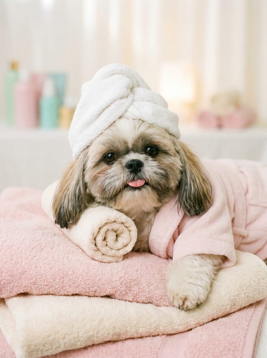 A pampered pup at the groomer — Wynkie works for pet groomers too